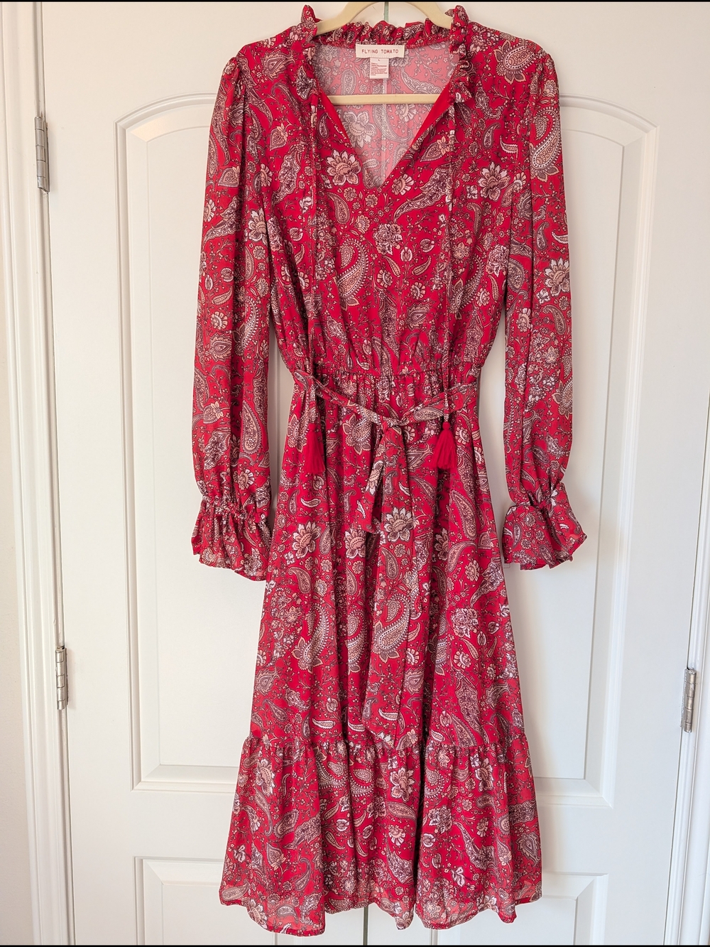 Flying Tomato Red Paisley Boho Ruffle Midi Dress
